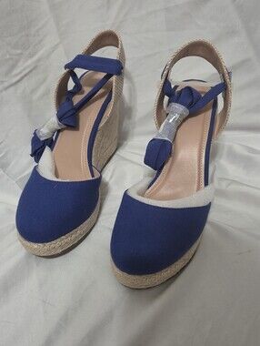 Royal Blue Canvas Espadrille Wedge Sandals with Ankle Tie, Size 6.5, New In Box